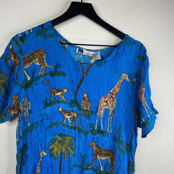 La Cera House Patio Dress Blue L Crinkle Muumuu Safari Animals Zebra Giraffe - Picture 5 of 10